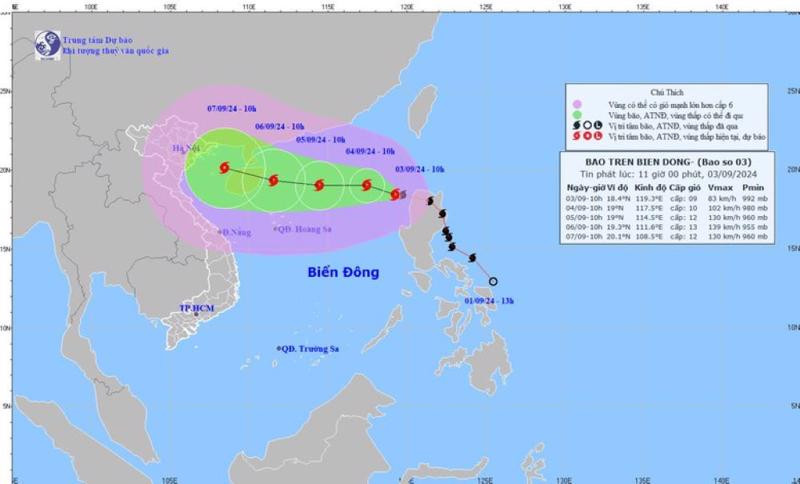 Dự báo diễn biến bão. Ảnh: Trung tâm Dự báo khí tượng thủy văn Quốc gia phát lúc 11h ngày 3/9/2024.