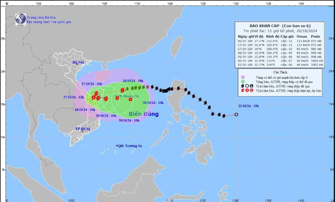 Bão số 6 đang cách Đà Nẵng khoảng 510km về phía Đông Đông Bắc 