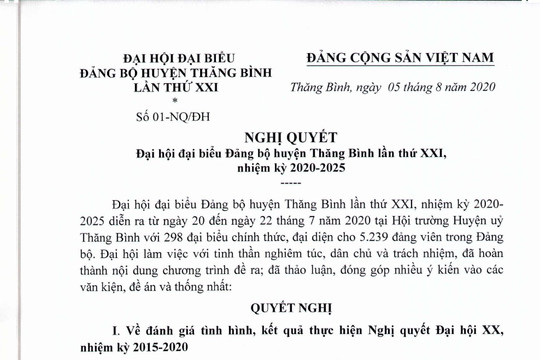 Nghị quyết Đại hội đại biểu Đảng bộ huyện lần thứ XXI, nhiệm kỳ 2020 - 2025