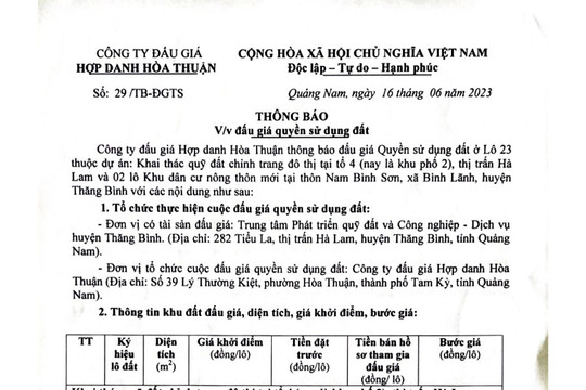Thông báo về việc đấu giá quyền sử dụng đất