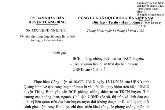 Công văn về việc tập trung ứng phó mưa lũ và thời tiết nguy hiểm trên biển