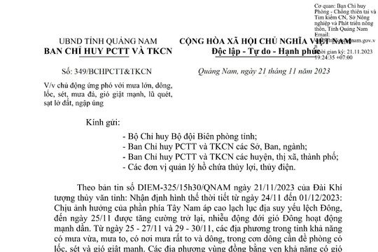 Công văn về việc chủ động ứng phó với mưa lớn, dông, lốc, sét, mưa đá, gió giật mạnh, lũ quét, sạt lở đất, ngập úng