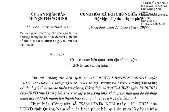Công văn về việc giao nhiệm vụ cho các ngành, địa phương thống kê, báo cáo đề xuất kinh phí hỗ trợ thiệt hại do thiên tai gây ra trên địa bàn huyện