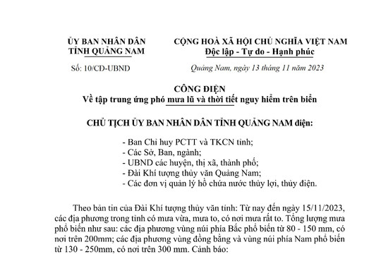 Công điện về tập trung ứng phó mưa lũ và thời tiết nguy hiểm trên biển