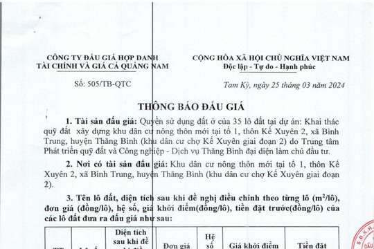 Thông báo đấu giá (QSDĐ ở 35 lô đất dự án: Khai thác quỹ đất xây dựng khu dân cư nông thôn mới tại tổ 1, thôn Kế Xuyên 2, xã Bình Trung, huyện Thăng Bình)