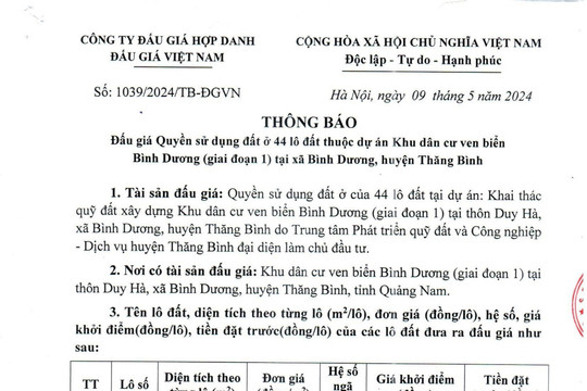 Thông báo đấu giá quyền sử dụng đất ở 44 lô đất thuộc dự án Khu dân cư ven biển Bình Dương (giai đoạn 1) tại xã Bình Dương, huyện Thăng Bình