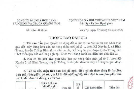 Thông báo đấu giá Quyền sử dụng đất ở của 23 lô đất tại dự án: Khai thác quỹ đất xây dựng khu dân cư nông thôn mới tại tổ 1, thôn Kế Xuyên 2, xã Bình Trung, huyện Thăng Bình