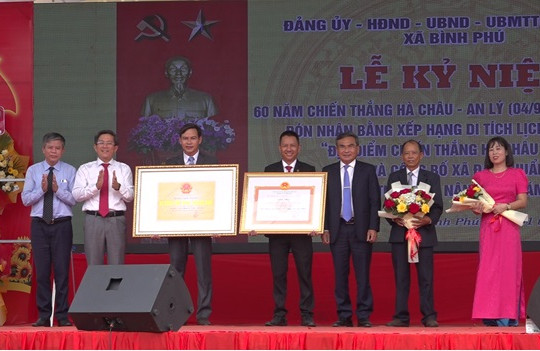 Xã Bình Phú đón nhận Bằng xếp hạng Di tích lịch sử cấp tỉnh “Địa điểm chiến thắng Hà Châu - An Lý”