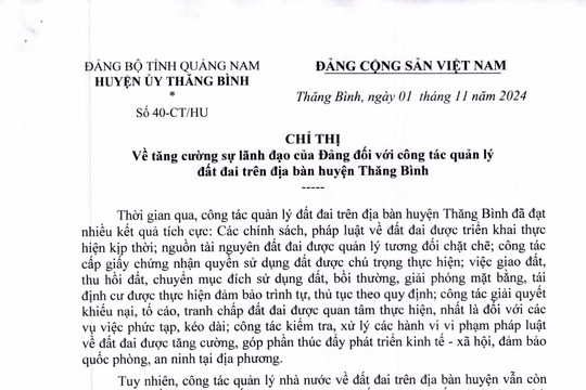 Chỉ thị về tăng cường sự lãnh đạo của Đảng đối với công tác quản lý đất đai trên địa bàn huyện Thăng Bình