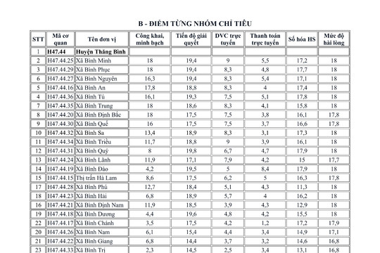 Số liệu đánh giá chỉ số phục vụ người dân, doanh nghiệp của các xã, thị trấn (01/01 - 21/10/2024)