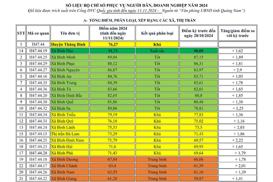 Số liệu đánh giá chỉ số phục vụ người dân, doanh nghiệp của các xã, thị trấn (01/01 - 11/11/2024)
