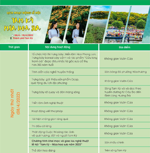 Lịch hoạt động Lễ hội: Tam Kỳ mùa hoa sưa 2022