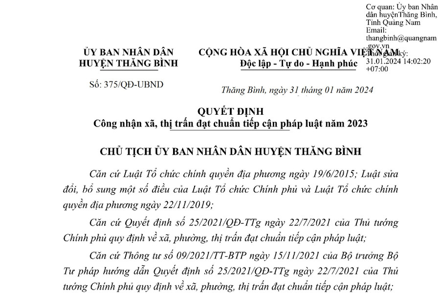 Quyết định công nhận xã, thị trấn đạt chuẩn tiếp cận pháp luật năm 2023