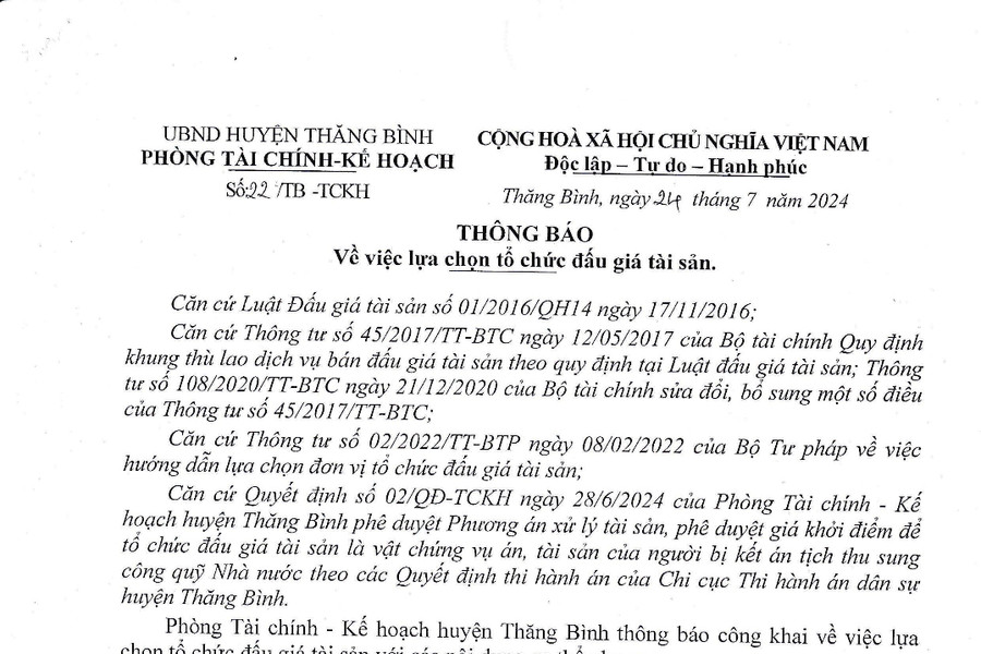 Thông báo về việc lựa chọn tổ chức đấu giá tài sản