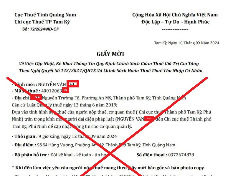Chi cục Thuế khu vực Tam Kỳ - Phú Ninh cảnh báo mạo danh cơ quan Thuế