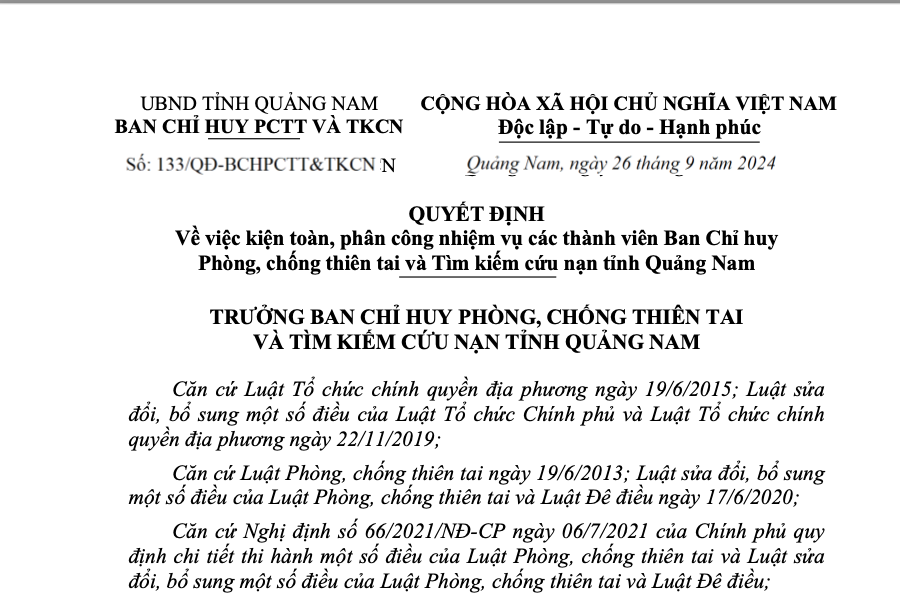 Phân công nhiệm vụ các thành viên Ban Chỉ huy Phòng, chống thiên tai và Tìm kiếm cứu nạn tỉnh Quảng Nam